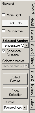 General (control panel). Light, Beckground, Selected scalar function, Vectorfield, Settings